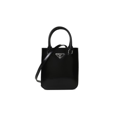 PRADA SPAZZOLATO METAL TRIANGLE LOGO SMALL DOUBLE HANDLE CROSSBODY TOTE BLACK 1BA331 (17.5*15*5cm) 